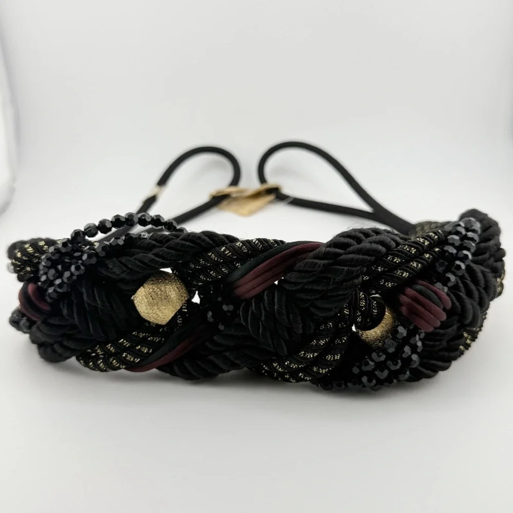 Vintage Braided Rope Belt Black Gold Beaded Statement Belt Boho